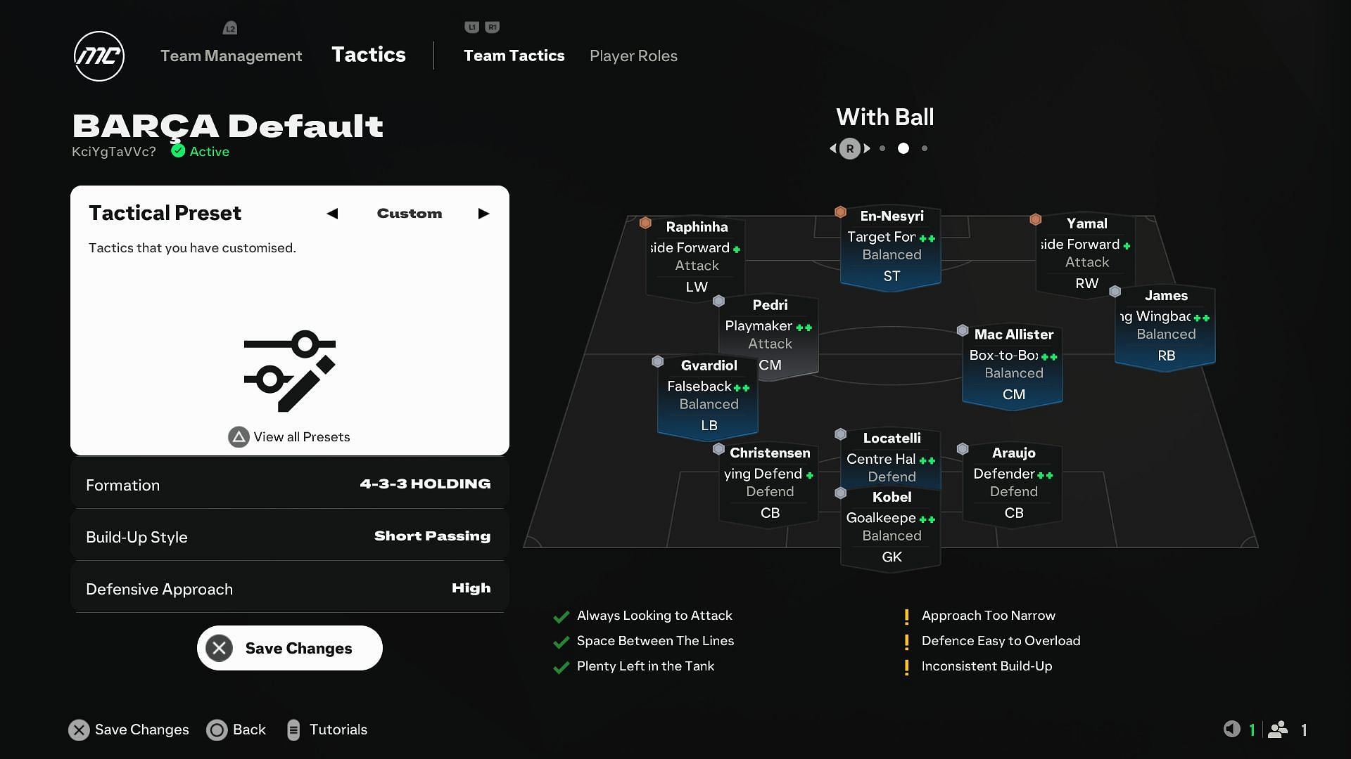 Cruff's Barcelona custom tactics with the ball (Image via EA Sports)